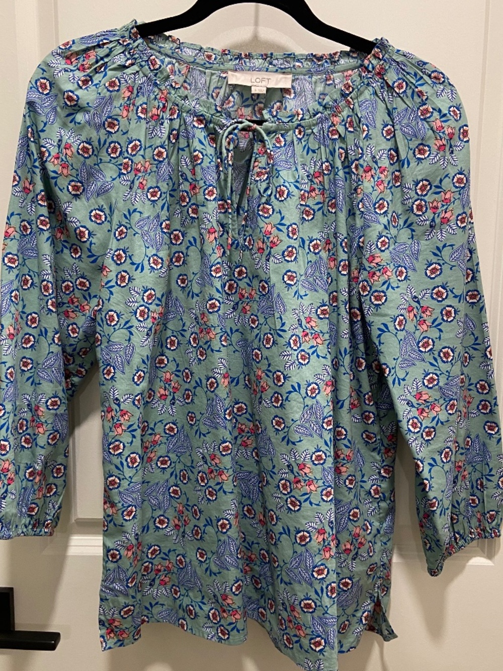 Loft Soft Teal Floral Peasant 3/4 Sleeve Blouse